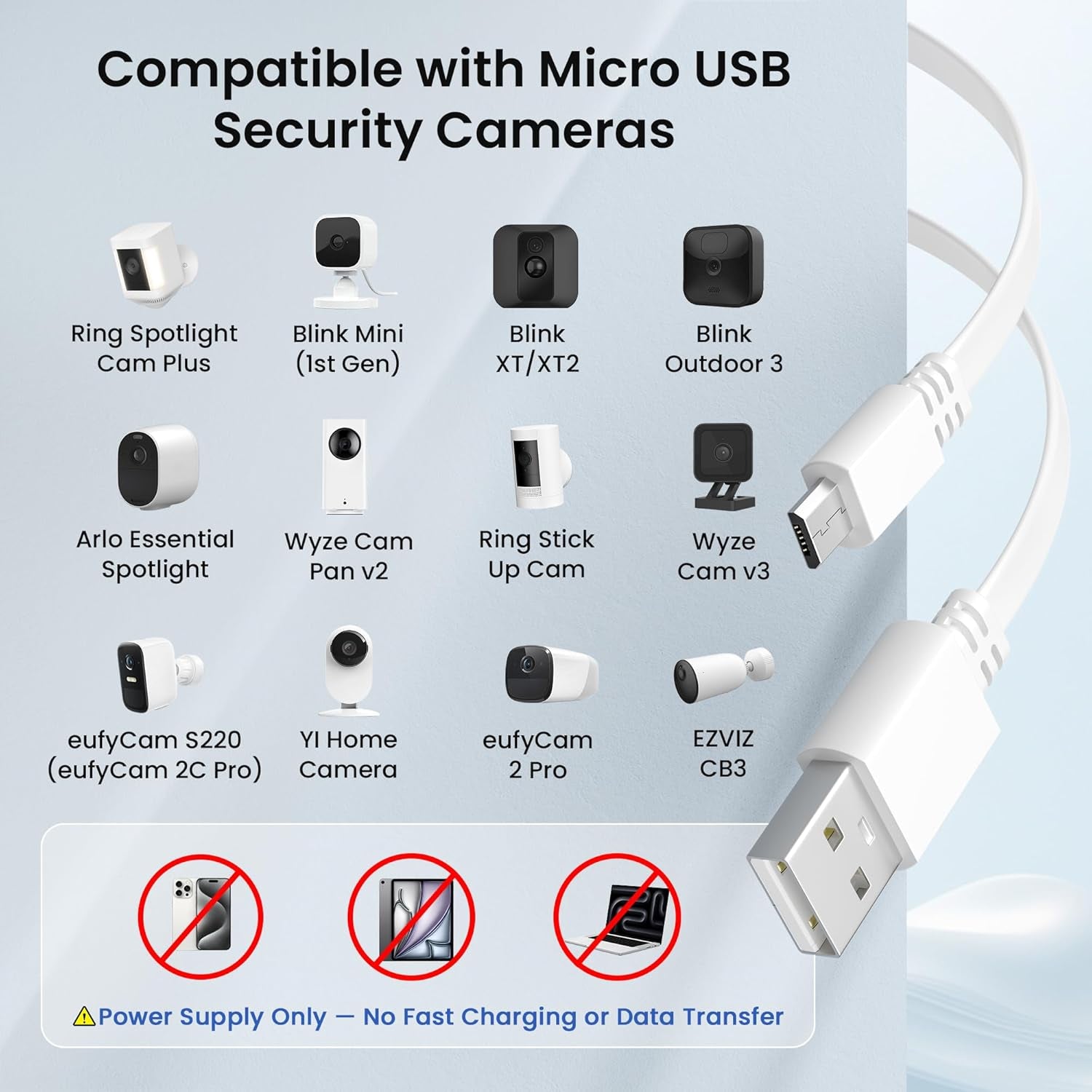 Micro USB Power Cable 20 FT (2 Pack),Flat Micro USB Charging Power Cord,Charger for Wyze Cam V3 Pan 25,Nest Yi Cam 15,Blink XT XT2 Mini,Outdoor 3Rd Gen Camera 16,Arlo Q,Xbox One Controller