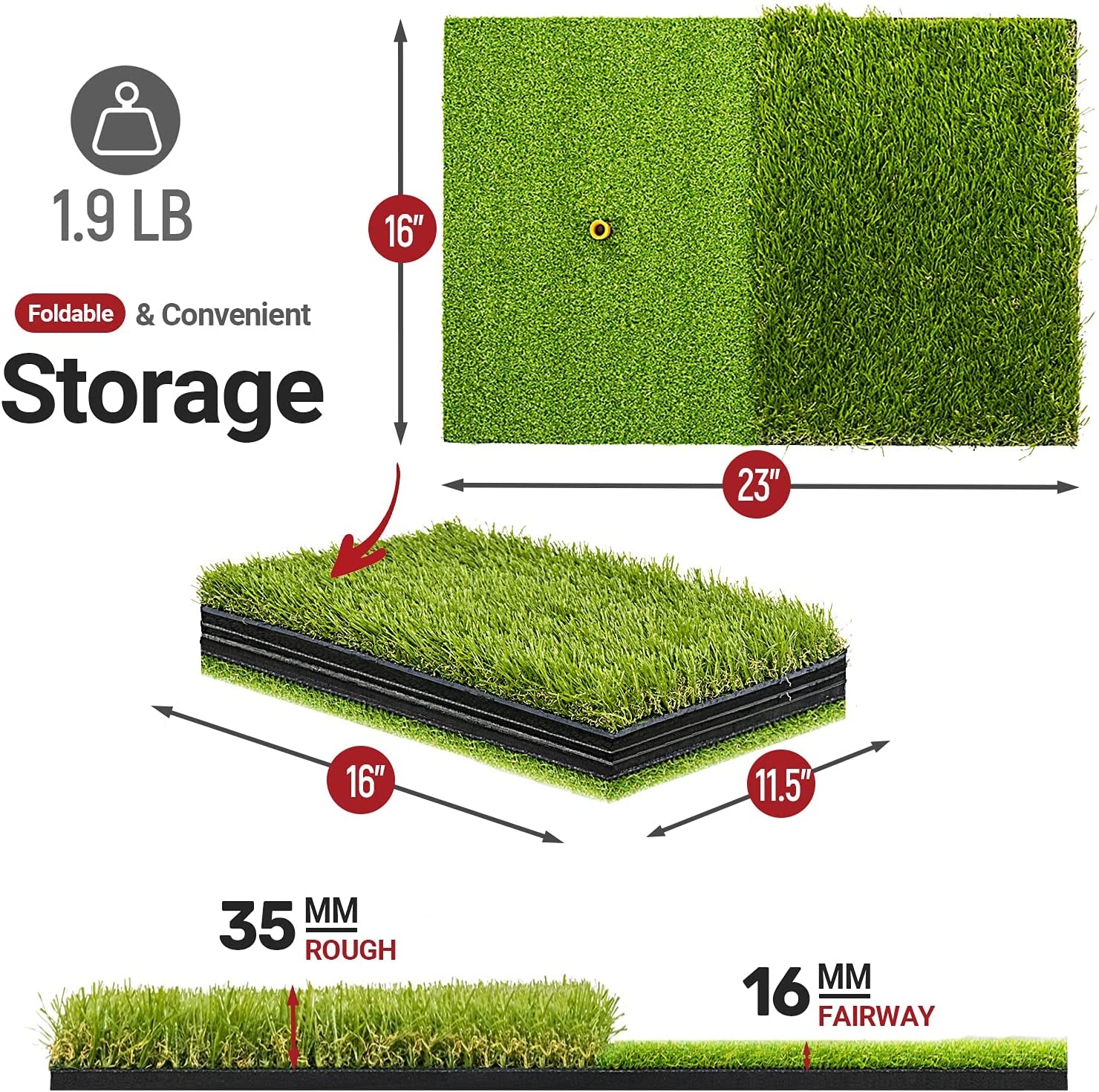 Foldable Golf Hitting Mat, Portable Golf Practice Grass Mat for Indoor/Outdoor, Anti-Deformation