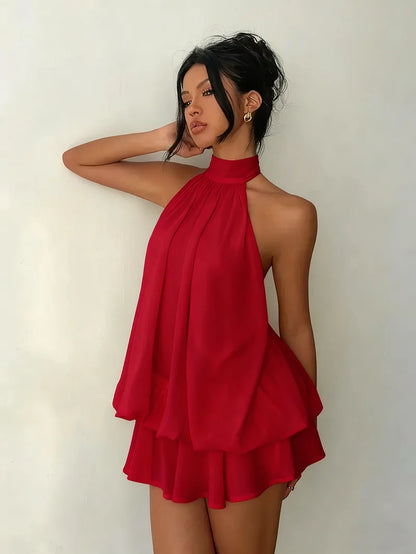 Chiffon Halter Mini Dress with Tie Front