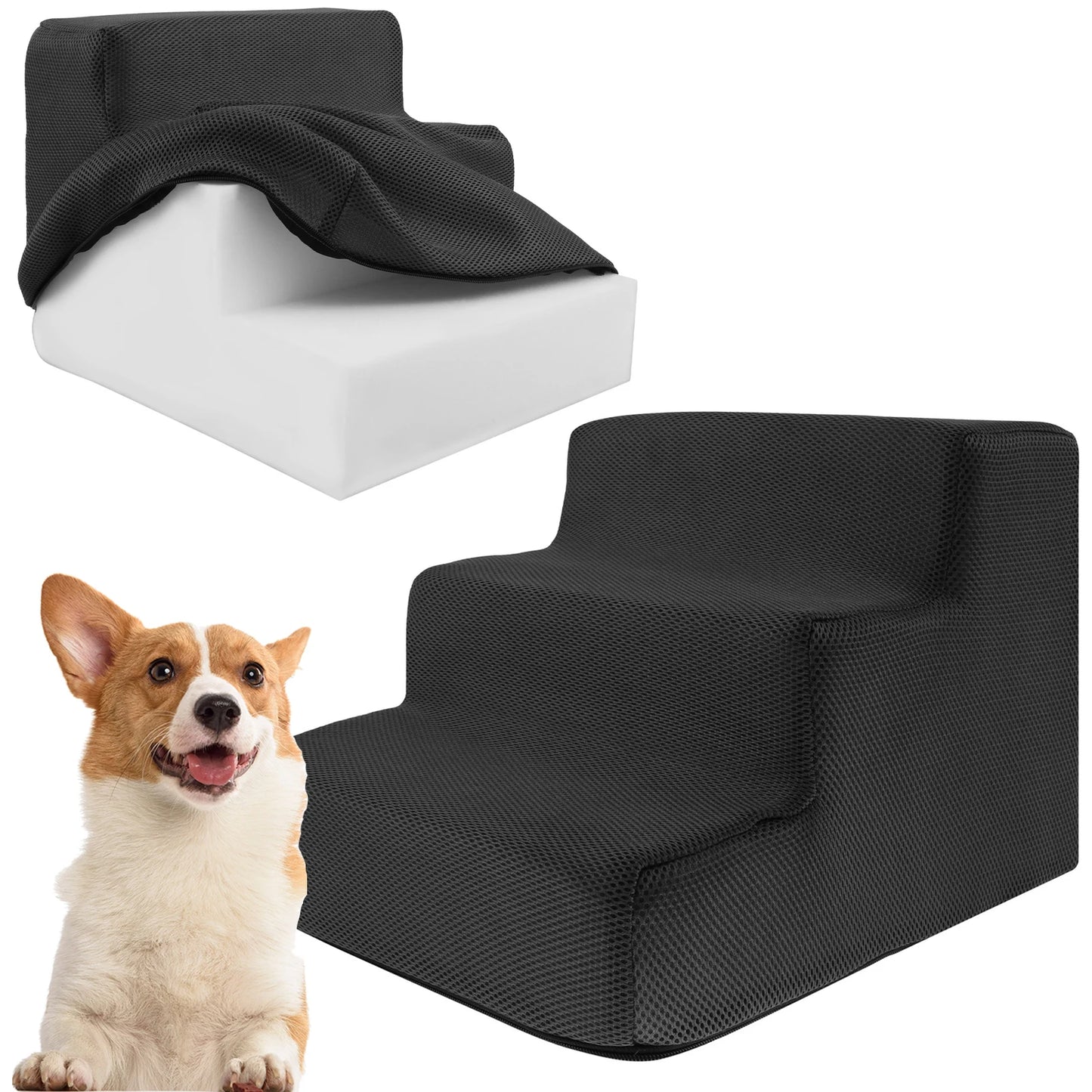 3-Step Non-Slip Dog Stairs – Soft Foam for Bed & Couch