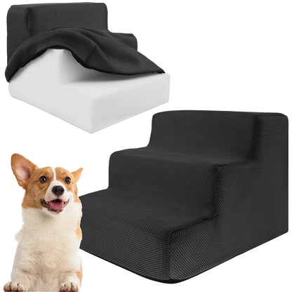 3-Step Non-Slip Dog Stairs – Soft Foam for Bed & Couch