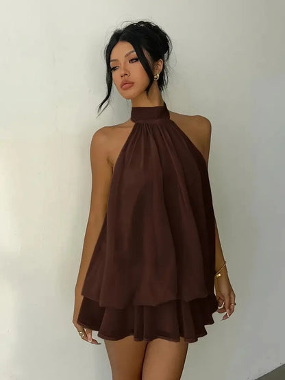 Chiffon Halter Mini Dress with Tie Front