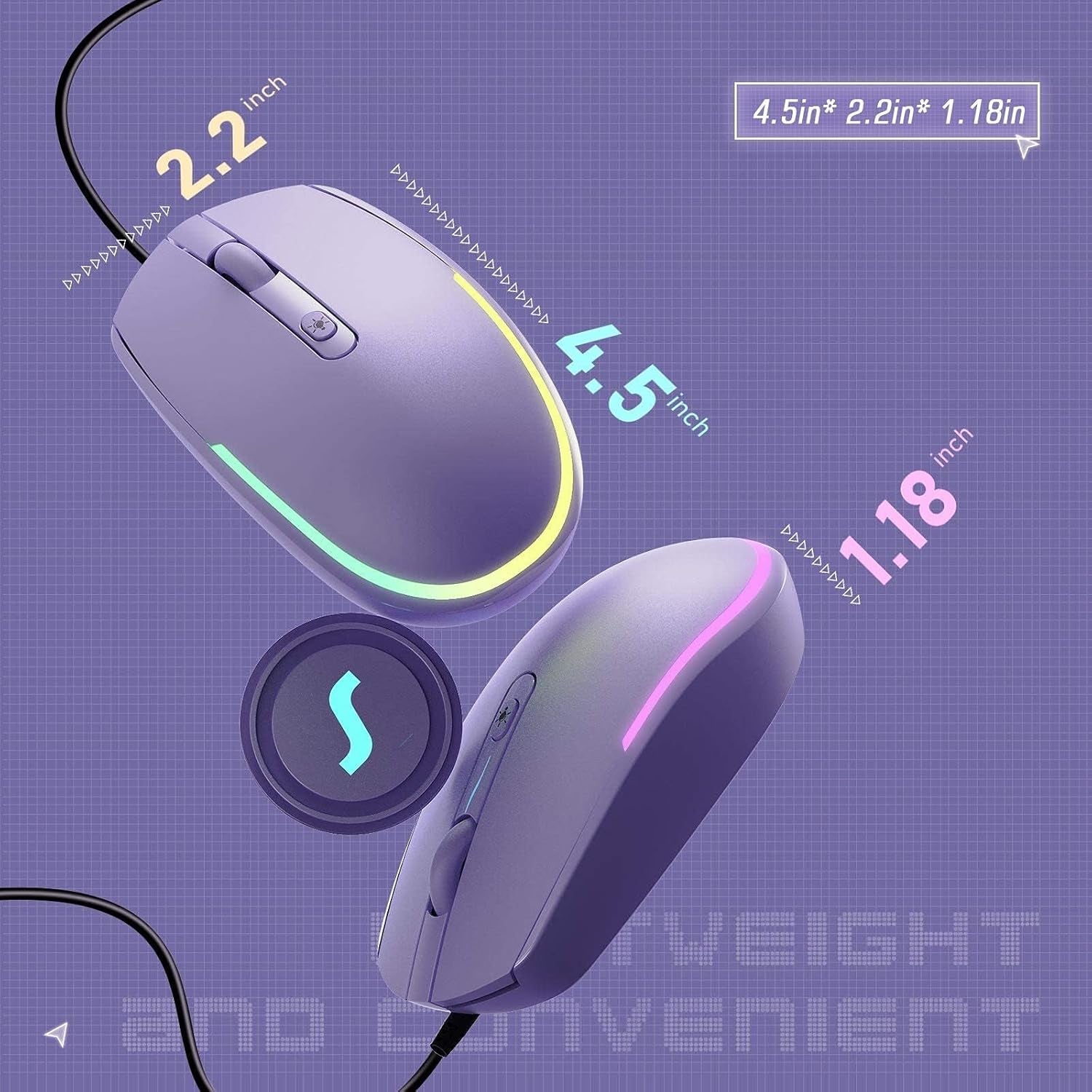 Wired Mouse - USB Computer Mouse Wired with RGB Backlit Optical LED Mouse with Attached USB Cord for Laptops Notebooks Chromebook - Purple