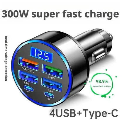 300W 6-Port Car Charger – USB-C PD & QC3.0 with Display