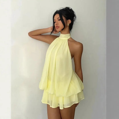 Chiffon Halter Mini Dress with Tie Front