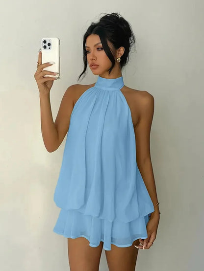 Chiffon Halter Mini Dress with Tie Front