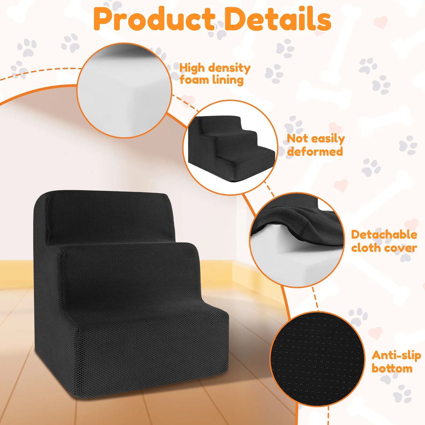 3-Step Non-Slip Dog Stairs – Soft Foam for Bed & Couch