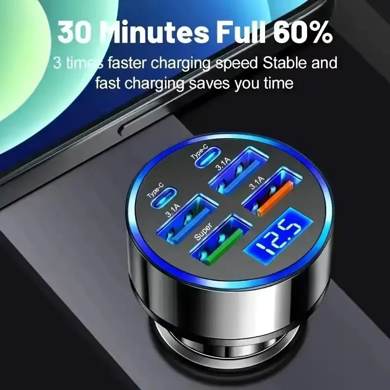 300W 6-Port Car Charger – USB-C PD & QC3.0 with Display