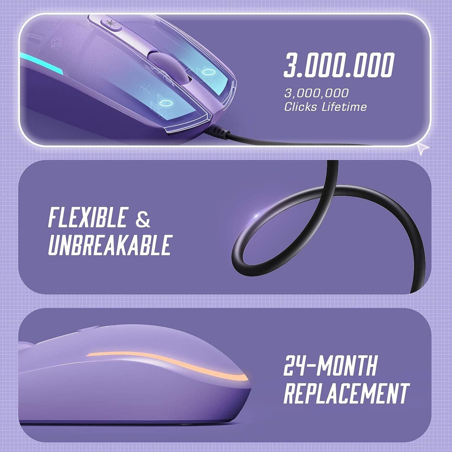 Wired Mouse - USB Computer Mouse Wired with RGB Backlit Optical LED Mouse with Attached USB Cord for Laptops Notebooks Chromebook - Purple