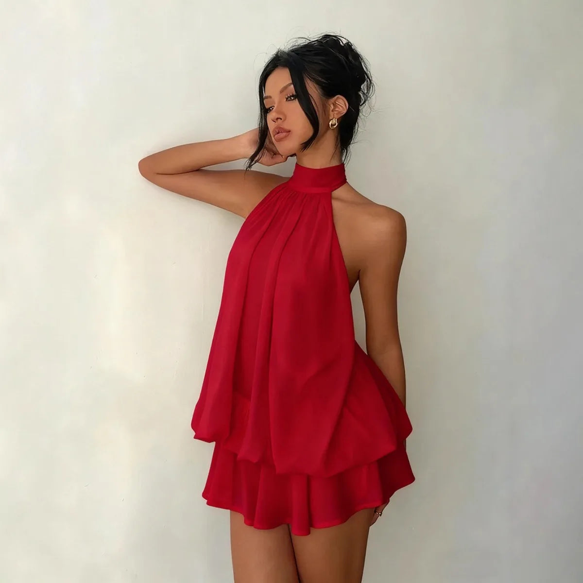 Chiffon Halter Mini Dress with Tie Front