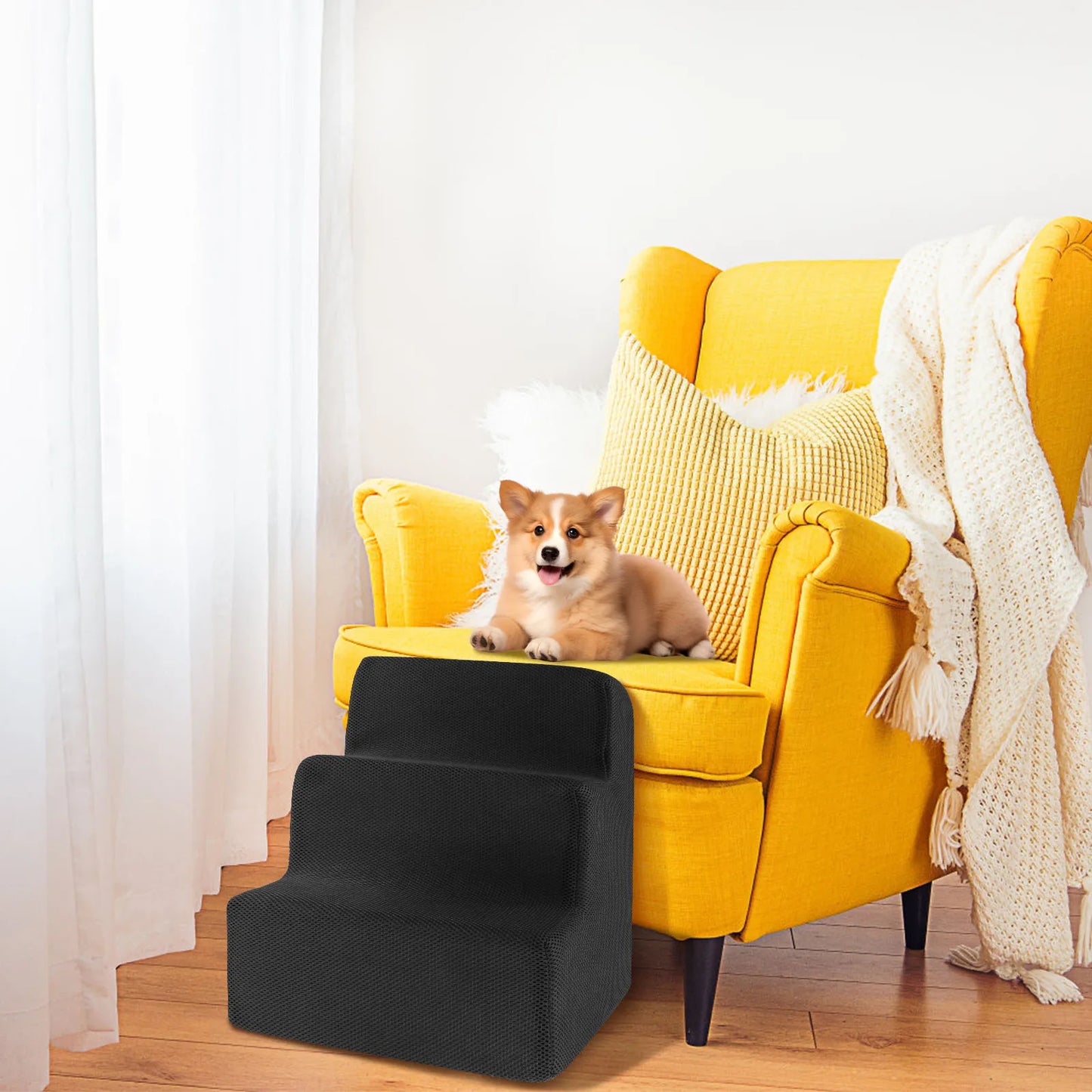 3-Step Non-Slip Dog Stairs – Soft Foam for Bed & Couch