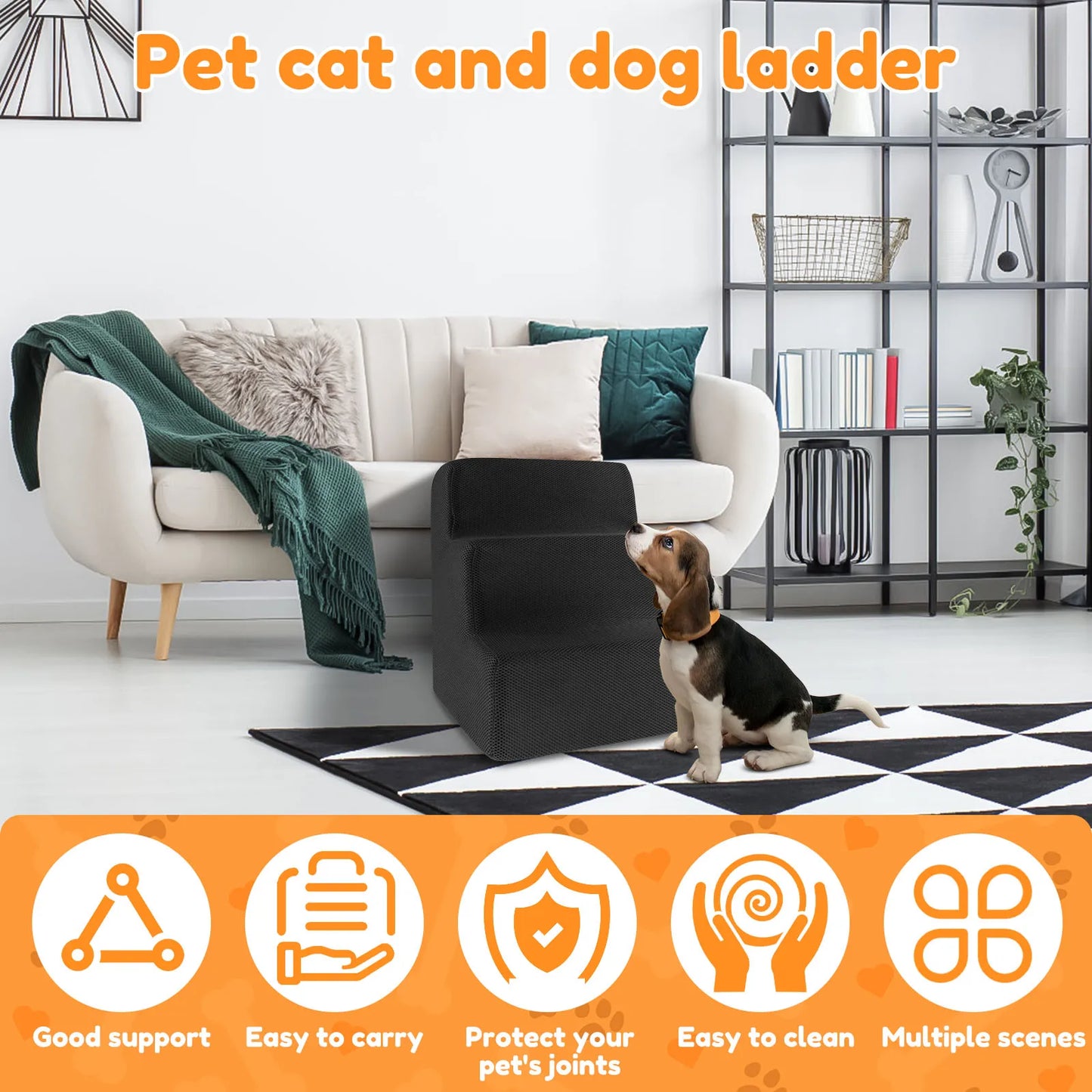 3-Step Non-Slip Dog Stairs – Soft Foam for Bed & Couch