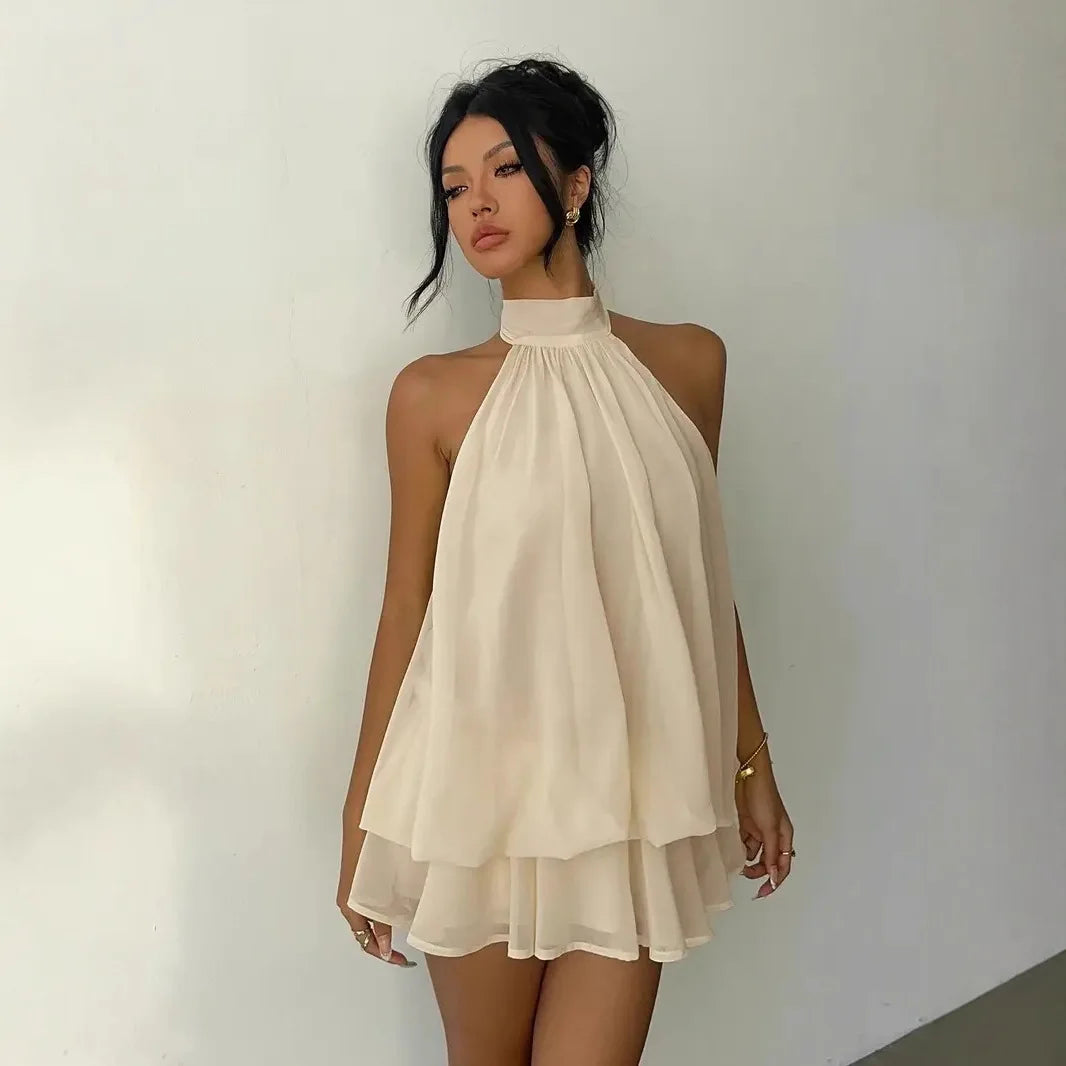 Chiffon Halter Mini Dress with Tie Front
