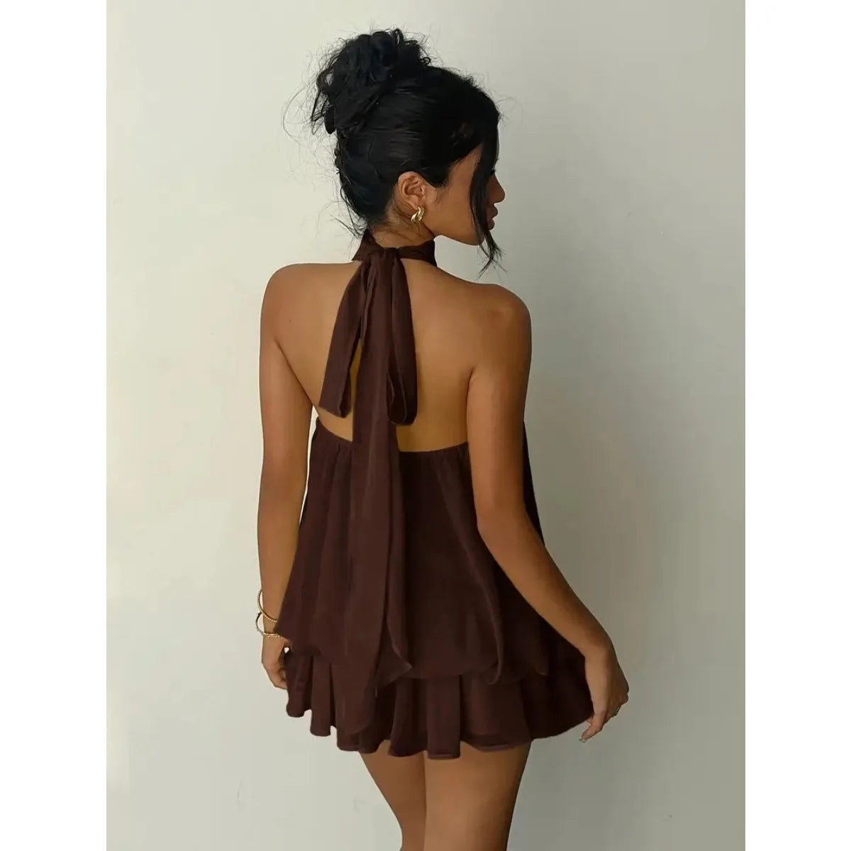 Chiffon Halter Mini Dress with Tie Front