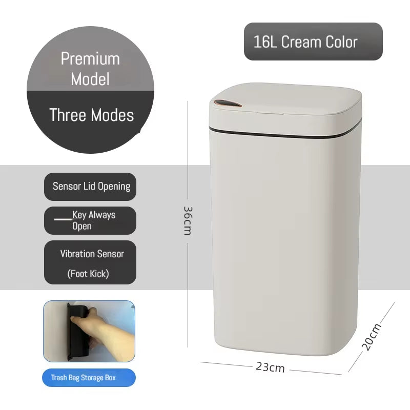Smart Bathroom Trash Can- White Non-Contact Sensor & Automatic Bagging for Smart Homes 16L