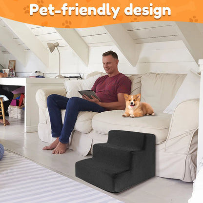 3-Step Non-Slip Dog Stairs – Soft Foam for Bed & Couch