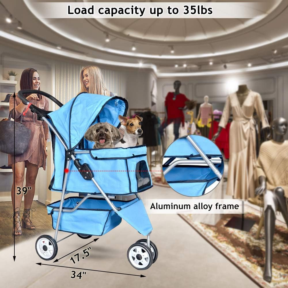 3-Wheel Pet Stroller, Lightweight Foldable Dog Stroller for Small Medium Dogs & Cats, Breathable Mesh & Weather Cover with Storage Basket, for Daily Walk Outdoor Travel (Blue)