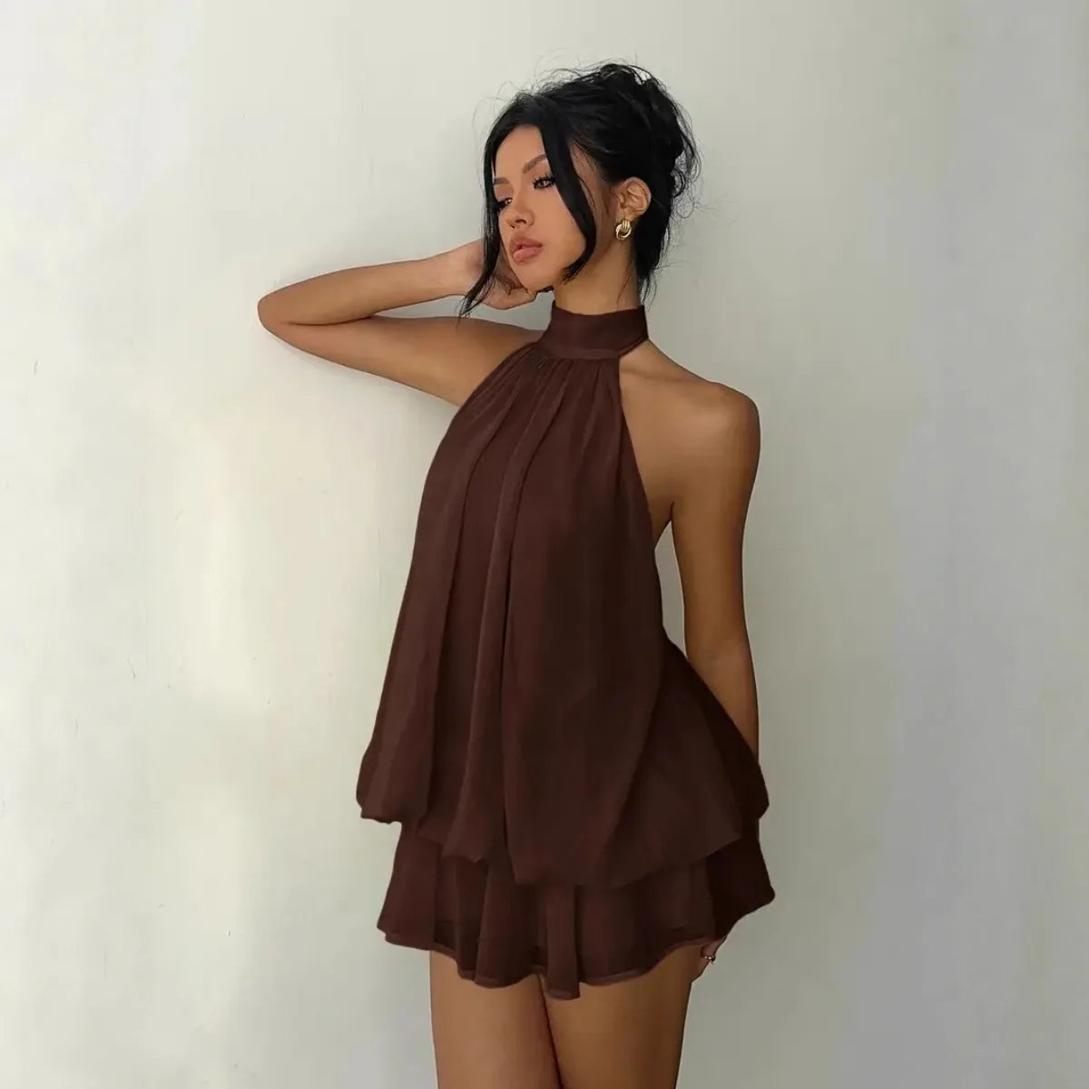 Chiffon Halter Mini Dress with Tie Front