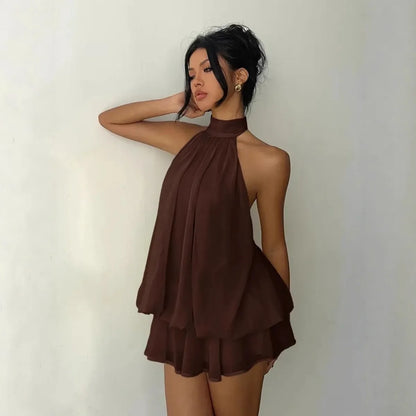 Chiffon Halter Mini Dress with Tie Front