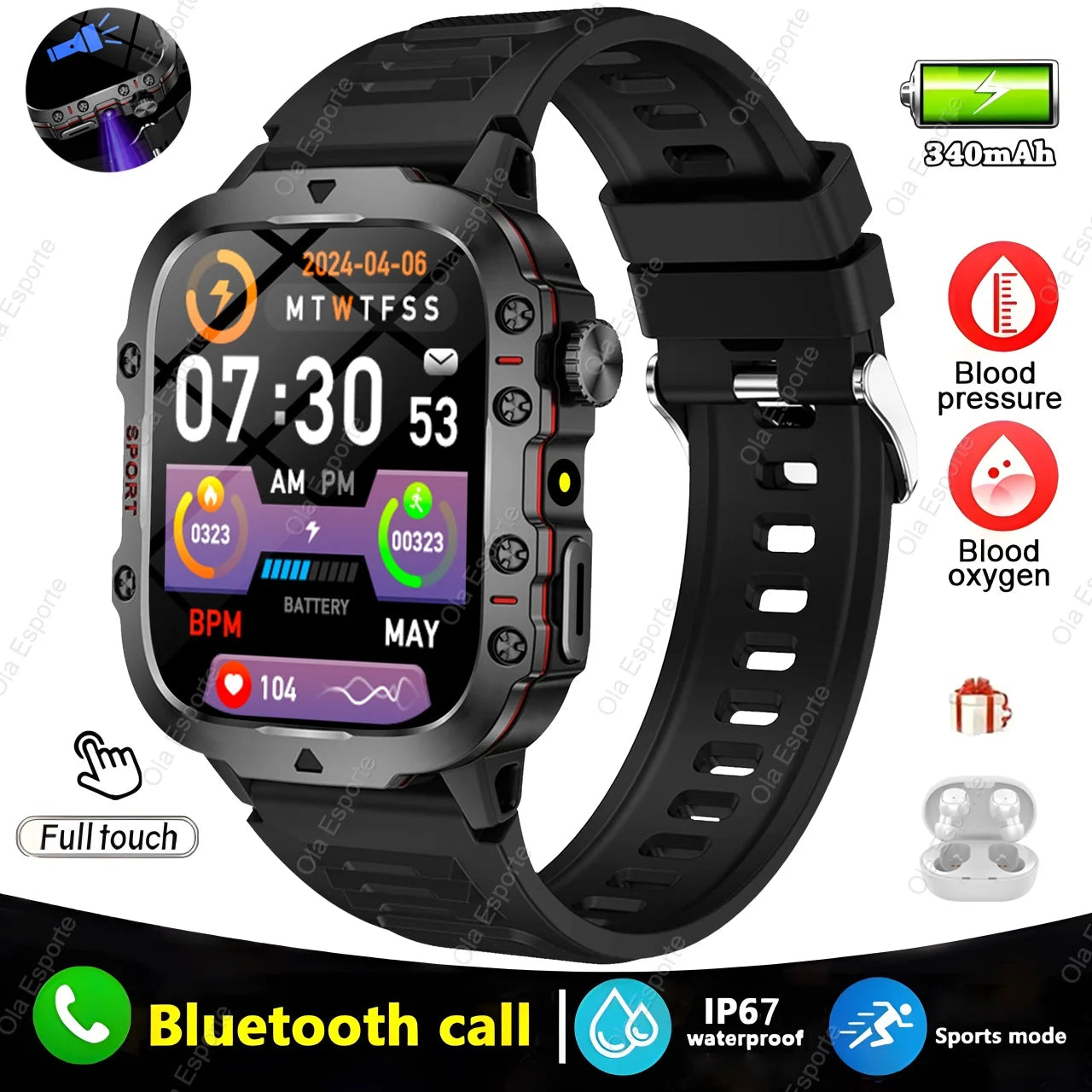 Men's Smartwatch with Flashlight & Bluetooth Calling