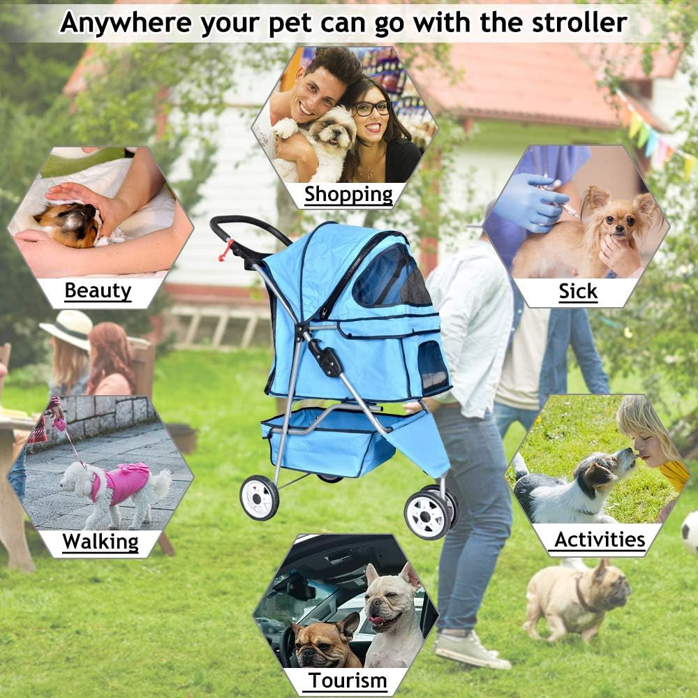 3-Wheel Pet Stroller, Lightweight Foldable Dog Stroller for Small Medium Dogs & Cats, Breathable Mesh & Weather Cover with Storage Basket, for Daily Walk Outdoor Travel (Blue)