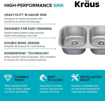 KBU22 32 Inch Undermount 50/50 Double Bowl 16 Gauge Stainless Steel Kitchen Sink