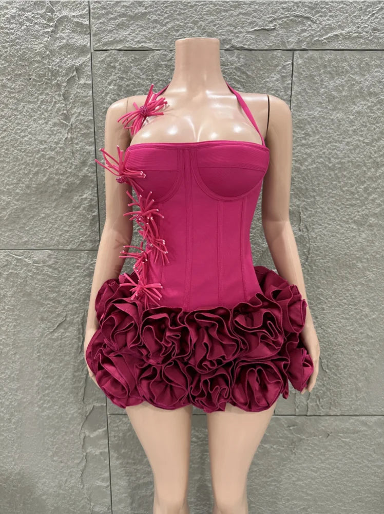 2025 New Black Color Women Sexy Strapless Florals 2 Pieces Bodycon Mini Bandage Dress Celebrate Nightclub Party Bar Singer Wear
