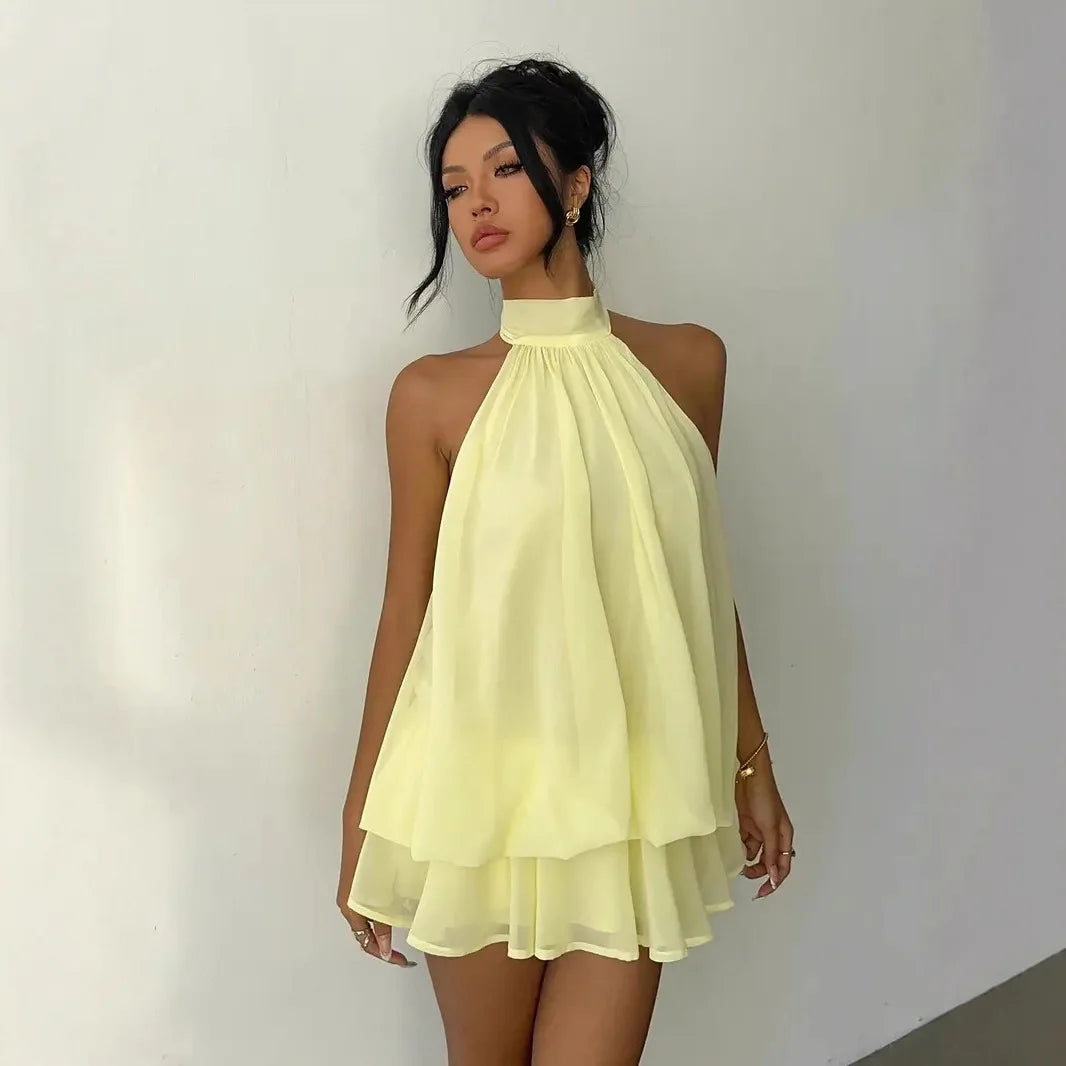 Chiffon Halter Mini Dress with Tie Front