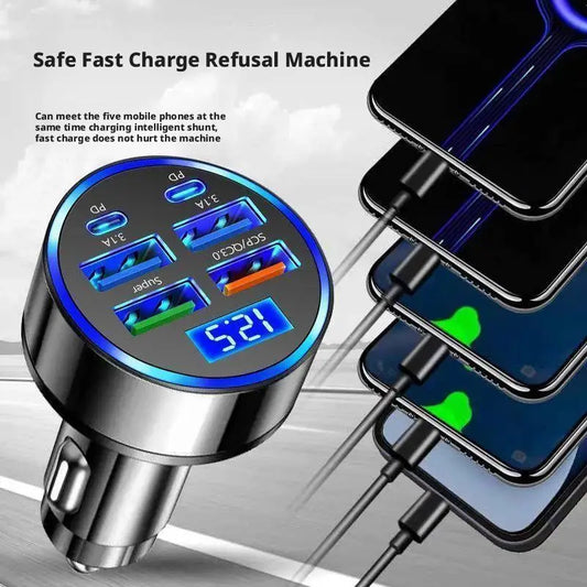 300W 6-Port Car Charger – USB-C PD & QC3.0 with Display