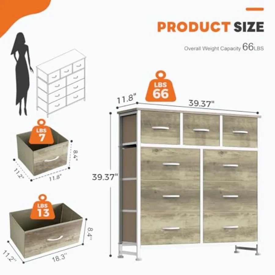 9-Drawer Fabric Dresser Storage Tower with Wood Top