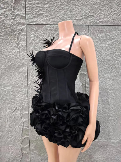 2025 New Black Color Women Sexy Strapless Florals 2 Pieces Bodycon Mini Bandage Dress Celebrate Nightclub Party Bar Singer Wear