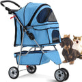 3-Wheel Pet Stroller, Lightweight Foldable Dog Stroller for Small Medium Dogs & Cats, Breathable Mesh & Weather Cover with Storage Basket, for Daily Walk Outdoor Travel (Blue)